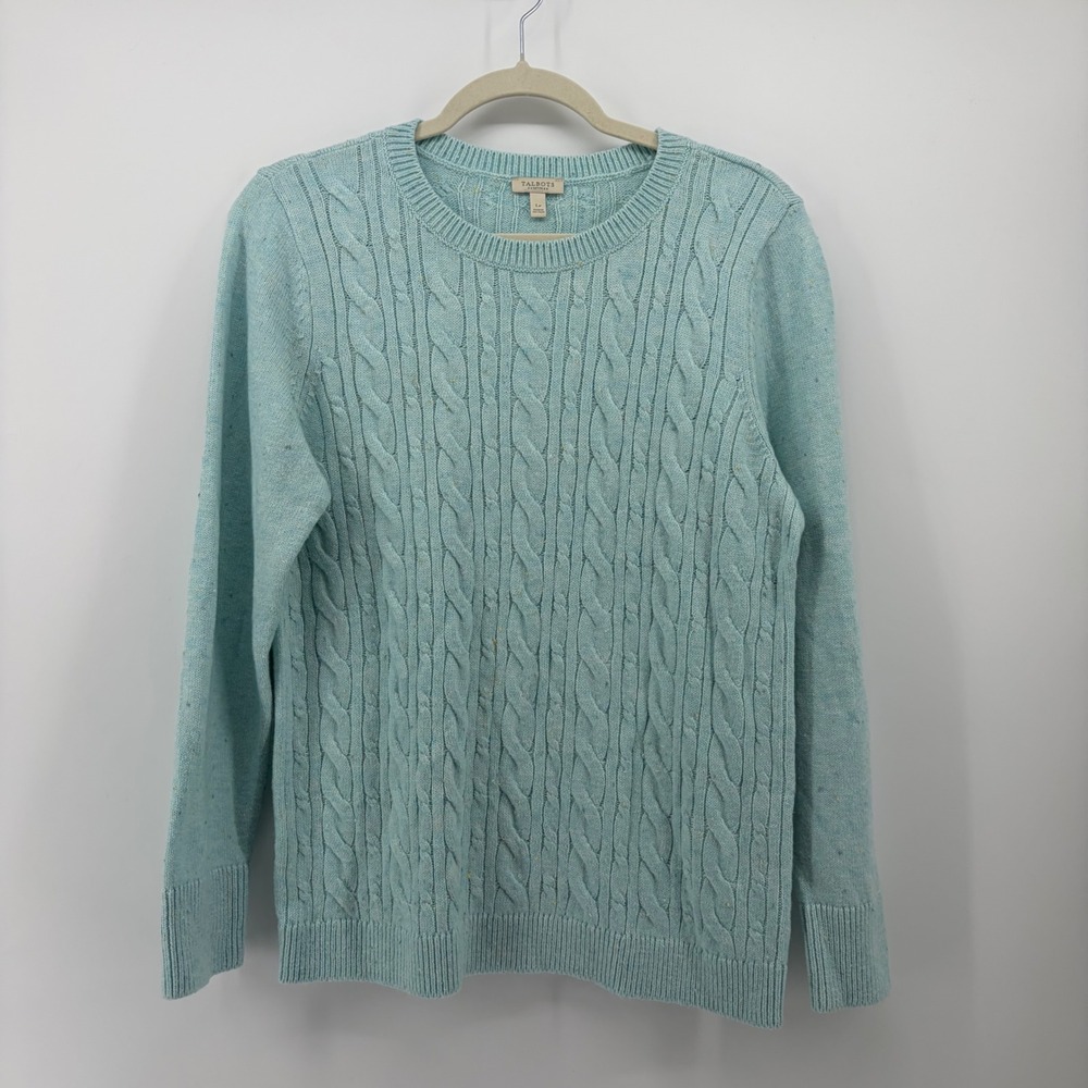 Talbots Womens LP Light Blue Cable Knit Crew Neck Speckled Cotton Blend Sweater